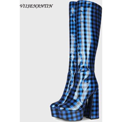 Round Toe Thick-heel Platform Lattice Patent Leather Knee-high Boots Gingham Slip on Super High Heel Plush Fashion Shoes Women