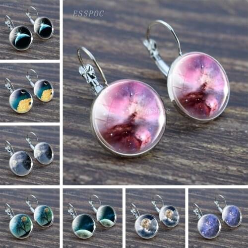 Fashion Nature Galaxy Silver Color Earring Full Moon Glass Cabochon Jewelry Hoop Earring Women Dangle Earrings Ear Hook Gifts