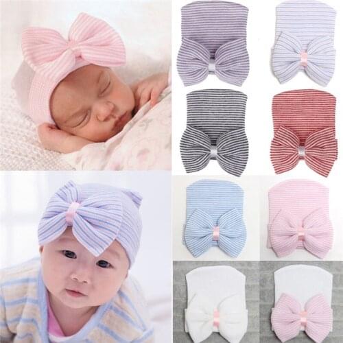 Newborn Baby Girl Hat Infant Stripe Bowknot Hat Girls Hats Hospital Beanie Cap Toddler Girl Cap Cotton Adorable Baby Hats 0-3M