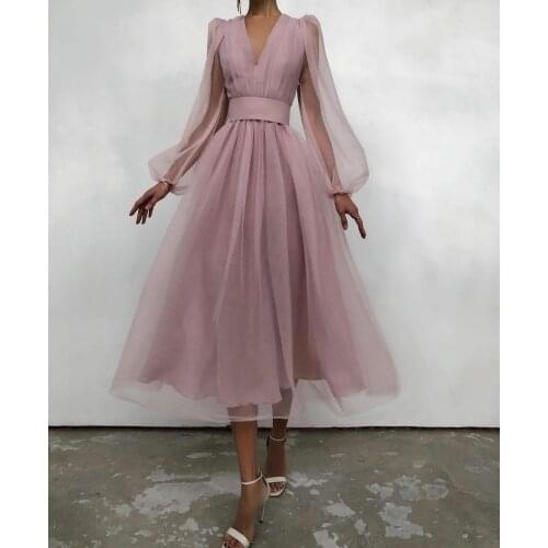 Long Sleeve A-Line Short Tulle Evening Dresses Dusty Rose Tea Length Zipper V-Neck Abendkleider Formal Party Gown for Women