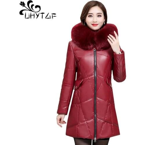 UHYTGF Quality washed leather winter leather Down cotton warm jacket Fashion fur collar hooded windproof 7XL plus size coats 991