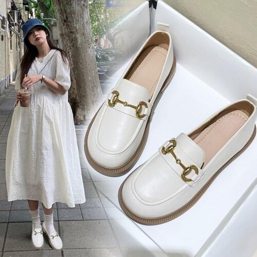 2021 Autumn New Platform Leather Shoes Women Low Shoes Slip-on Loafers Shoes Elegant Black Single Shoes Versatile Fairy Shoes