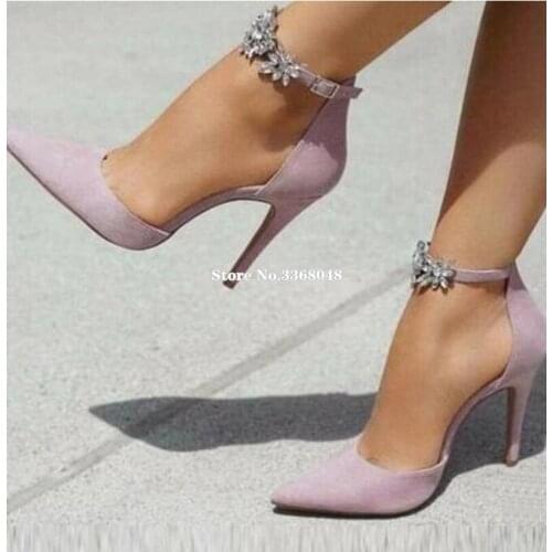 2019 Stiletto Pointed Toe Bling Crystal Flowers Woman Pumps Ankle Strap Purple Shallow Female Office Dress Shoes Real Photos