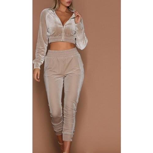 2021 New 1 Set Sweatshirt Sweatpants Set Velvet Surface Zipper Women Long Sleeve Crop Top Elastic Waist Pants for Sports Soft