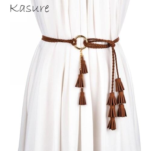 KASURE Womens' PU Leather Knitted Tassel Waist Belt Bohemia Woven Wax Rope Belt Summer Skirt Dress Decorative Belts