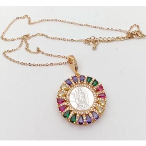 White Shell Virgin Mary Rainbow CZ Micro Pave coin Pendant necklace For Women Gift Choker necklace