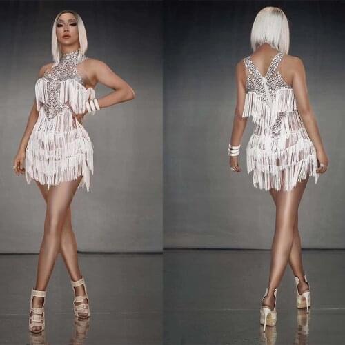 Women Sexy Rhinestones White Tassel Party MIni Dress Women Crystal Fringes Latin Dance Dress Club Singer Dancer Stage Costumes