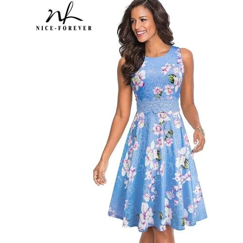 Nice-forever Retro Elegant Embroidery Lace Floral Printed vestidos A-Line Business Party Women Summer Flare Swing Dre btyA079