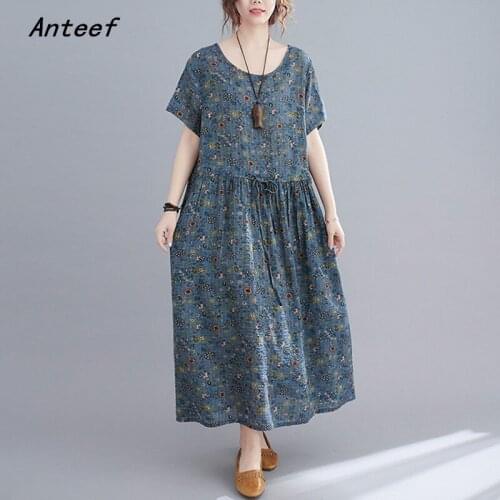 Short sleeve cotton vintage floral dresses for women casual loose long summer dress elegant clothes 2021 sundress
