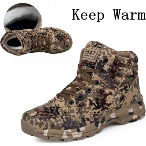 Winter Outdoor Lace up Ice Walking Camping Hiking Sport Shoes Work Safey Mountain Climbing Shoes Warm Cotton Camouflage Shoes