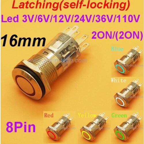 1PC 16MM 8PIN Power Button With LED Ring Indication 12V/24V Metal Button Switch for Car/Motorbike/Machine Latching Fixation