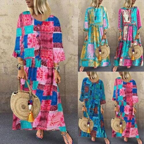 2020 New Women Boho Floral Long Maxi Sundress Ladies O-neck Long Sleeve Holiday Kaftan Casual Beach Sundress Plus Size