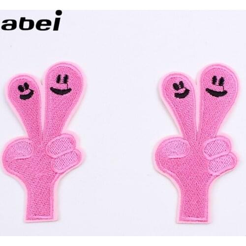 5pcs/lot Pink Cartoon Smile Hand Patch Embroidery Iron On Gesture Stickers for Jeans Pants Shoes DIY Fabric Appliques Sew Badge
