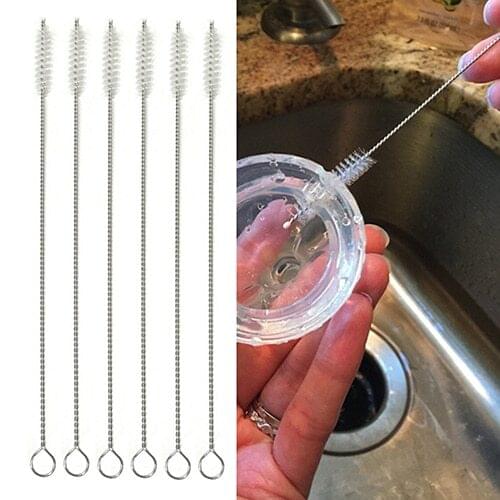 6 Pcs Round Head Nylon Bristles Stainless Steel Handle Straw Cleaner Brushes