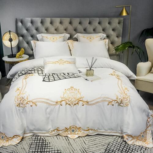 White Smooth Soft Satin Silk Cotton Gold Embroidery Palace Bedding Set Double Duvet Cover Set Bed Linen Fitted Sheet Pillowcases