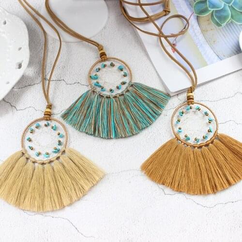 Vintage Hollowed Dreamnet Bohemian Beads Fan Shape Rope Tassel Pendant Women Beach Vacation Bohemian Dainty Jewelry