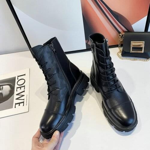 2020 Fashion Shoes Woman Genuine Cowhide Lace-Up Thick Martin Boots Round Toe Shoes Winter Female Buckle Fashion Martin Boots