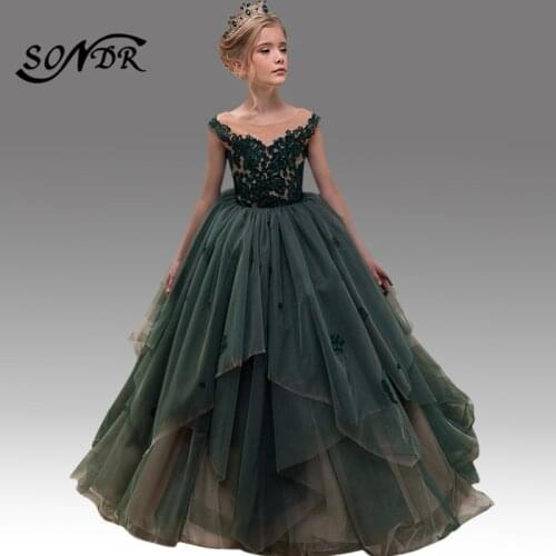 Blackish Green Flower Girl Dresses HT079 Elegant Tiered Tulle Lace Girls Ball Gown Kids First Communion Party Decorations