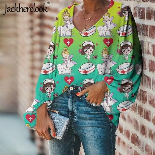 Jackherelook Gradient Dental Blouse Cute Cartoon Nursing/Dentist Fairy Brand Designer V-neck Chiffon Tops for Womens Shirts