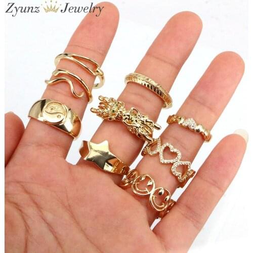 5PCS, Fashion Gold Star Smile Heart Rings Wedding CZ Pave Ring For Women Unique Geometric Multilayer Rings Jewelry