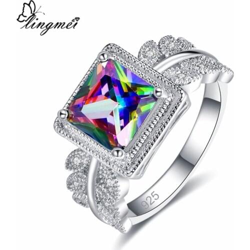 Lingmei Wholesale Dazzling Dropshipping Princess Cut Blue & White & Multi Cubic Zircon Silver Color Ring Size 6-9 New Comes