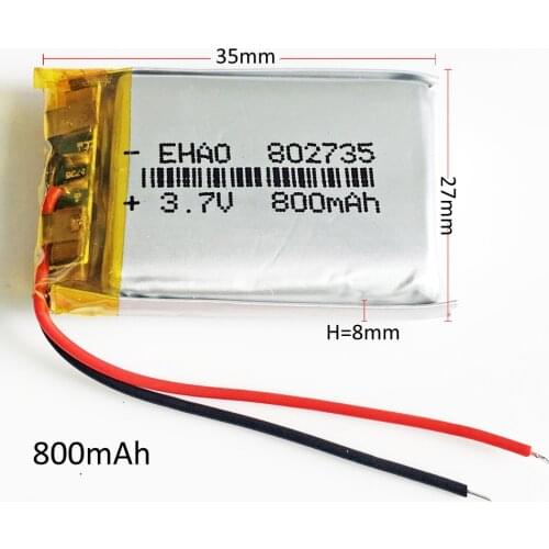 3.7V 800mAh 802735 Lithium Polymer LiPo Rechargeable Battery For Mp3 PAD GPS DVD E-book bluetooth headset speaker 8*27*35mm