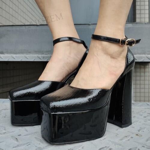 SEIIHEM SUPER Women Platform Pumps Real Leather Block High Heels Sandals Ankle Strap Prom Ladies Black Shoes Woman Size 35 38 39
