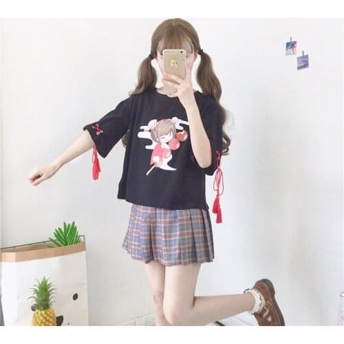 Kawaii Short-Sleeved Womens T-Shirt Cute Cartoon Printing Top Summer Loose Japanese Soft Girl All-Match Tassel Clothing