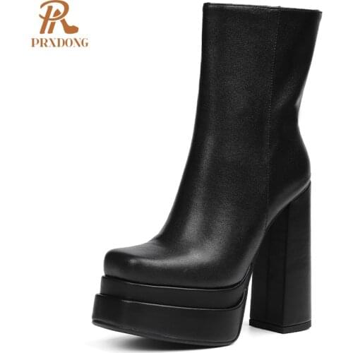 2021 Top Quality Womens Boots High Heels Thick Platform Ladies Ankle Boots Genuine Leather Female Shoes Black White Plus Size