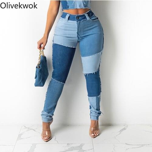 Olivekwok 2021 Woman Pants Sanded Tassels Jeans Slim Pencil Trousers Patchwork Women Jeans Pencil Pants
