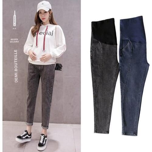 Women Autumn Pregnancy Belly Trousers Washed Denim Maternity Jeans Straight Loose Harem Pants