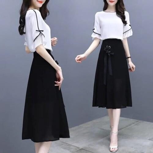 Summer Women Office Two Piece Set Casual Solid Color Shirts Blouses And Lace Midi Skirt Female Chiffon Skirt Suit Elegant W2237