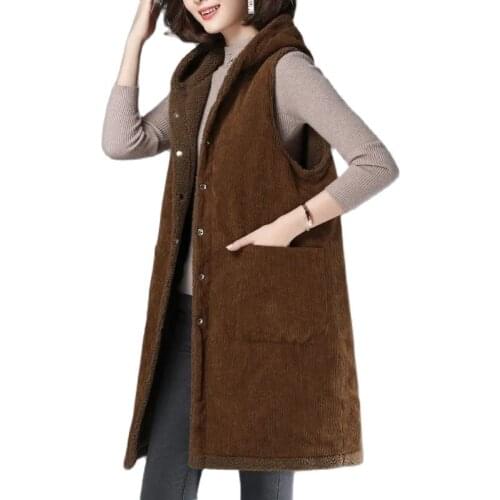 Female Reversible Coat Vest Women 2021 Womens New Winter Corduroy Mid-length Coat Waistcoat Vest Large Size Lamb Wool Jacket 74