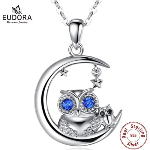 Eudora 925 Sterling Silver moon star Pendant Necklace wise owl Pendant with blue Crystal fine Jewelry for women party gift D585