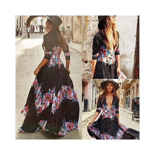 Casual Women Long Sleeve Boho Maxi Beach Dresses V Neck Floral Print Party Dress Chiffon Summer Beach Dresses Sexy