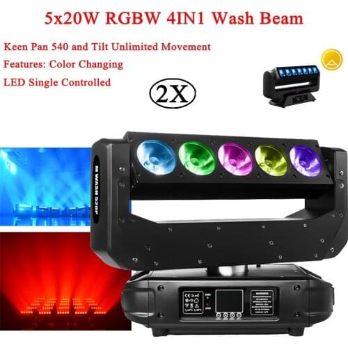 2Pcs/Lot New 5x20W RGBW 4IN1 LED Single Controlled Beam Wash Moving Head Light CMY Color Mixing DMX512 Music Stage DJ Lights
