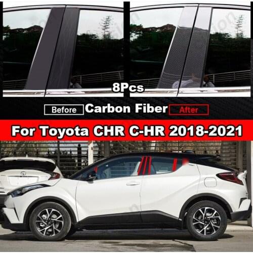 8x Carbon Fiber Black Car Door Window Center Column BC Pillar Post Trim Cover PC Sticker For Toyota CHR C-HR 2018 2019 2020 2021