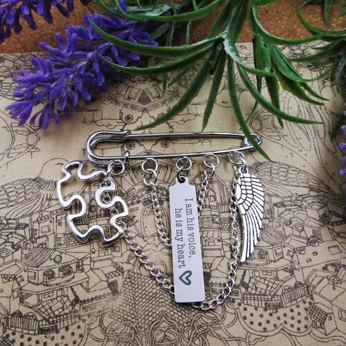 High quality brooch i am his voice, he is my heart Puzzle Piece wing Autism Awareness Necklace mother friend birthday gift