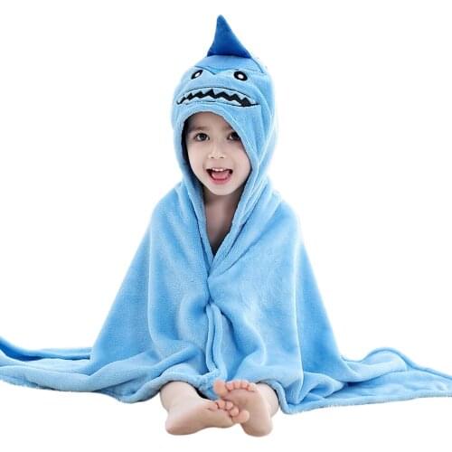 Baby Coral Fleece Bath Towel, Little Boys Girls Cute Cartoon Shark Appearance Bathrobe Soft Hooded Cloak Beach Towel