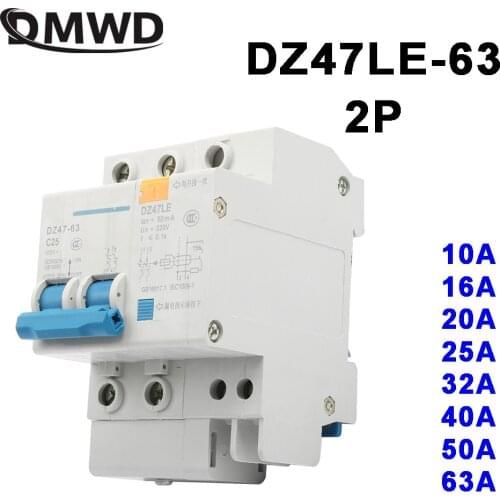 DZ47LE-63 2P 10A 16A 20A 400V~ 25A 32A 40A 50A 63A 50/60HZ Residual Current Circuit Breaker Over Current Leakage Protection RCBO