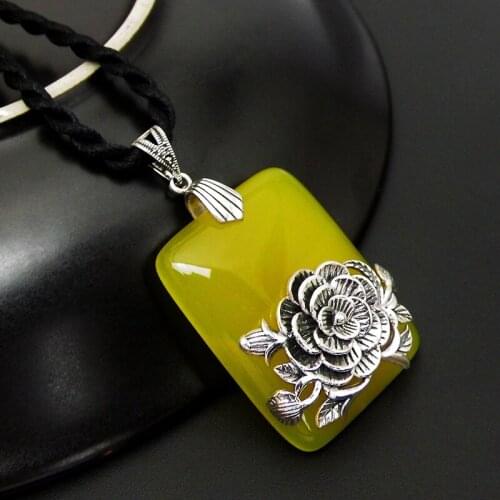 FNJ 925 Silver Rose Flower Pendant for Jewelry Making Original Pure S925 Sterling Silver Pendants Women Yellow White Chalcedony