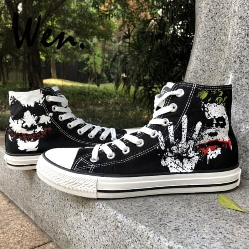 Wen Hand Painted Black Canvas Shoes Design Custom Joker Men Womens High Top Canvas Sneakers Platform Plimsolls Lace up Trainer