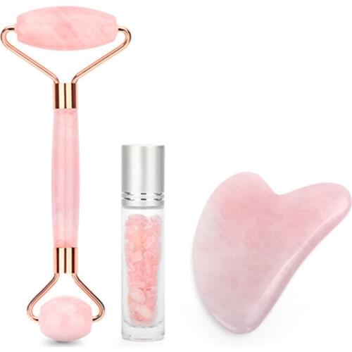 Pink/Green Natural Rose Quartz Jade Roller Gua Sha Board Massager Face Lifting Tool Facial Guasha Massage Gemstone Bottle Kit