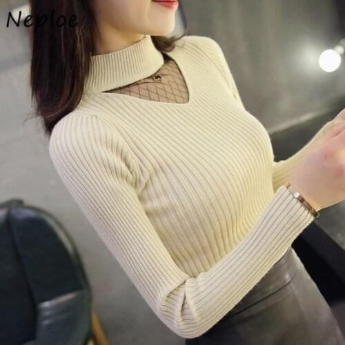 Neploe Fashion Versatile Solid Bottoming Pullover Women Knitted Half High Neck Hollow Mesh Patchwork Tops Mujer Autumn Sweater