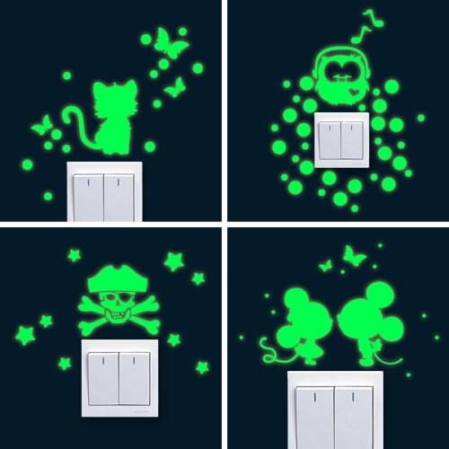 Cartoon Luminous DIY Cute home Cat Switch Wall Sticker Night light bedroom Fluorescent Sticker mural wall decals poster
