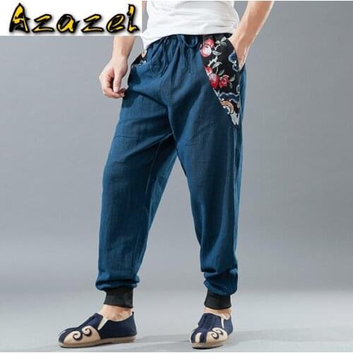 Hot 2020 New Spring thin pure hemp mens casual trousers ethnic style casual pants male feet pants jacquard Men pencil pants