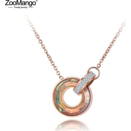 ZooMango Titanium Stainless Steel Double Circle Clay CZ Crystal Choker Necklace Bohemia Pendant Chain Necklace For Women ZN19060