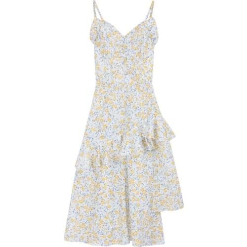 French Floral Strap Dress Women Korean Sweet Cute Chic Irregular Fairy Dress Sexy Kawaii Party Midi Kwaii Ruffles Dress
