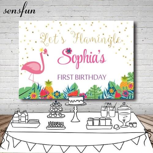 Sensfun Pink Flamingo Tropical Leaves Pineapple Backdrop Gold Glitter Polka Dots Girls Birthday Party Backgrounds 7x5FT Vinyl