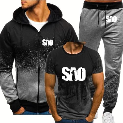 Spring Autumn NEW cotton Mens suits SAO Sword Art Online Printing Gradient Mens jacket casual T-shirt+sports pants 3-piece se